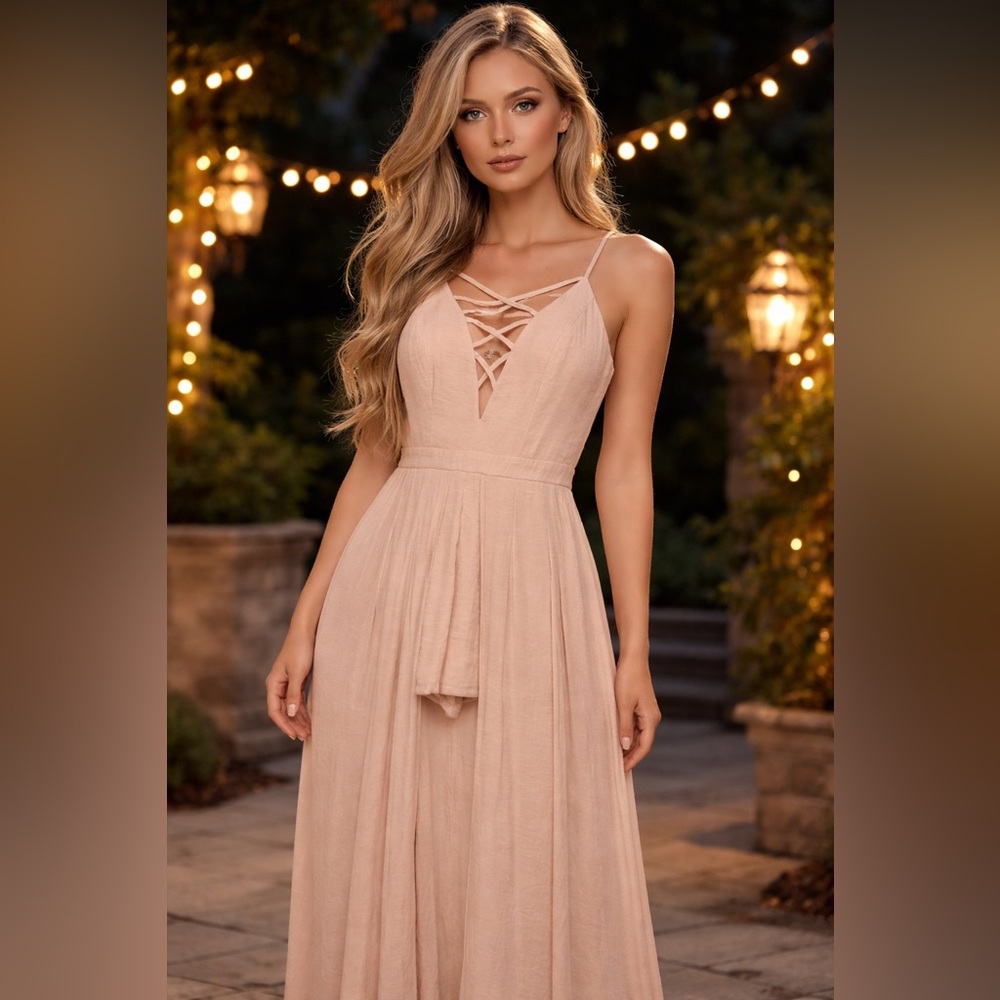 Luxe Wishlist Beige Cross Cross Top Maxi Overlay Romper!